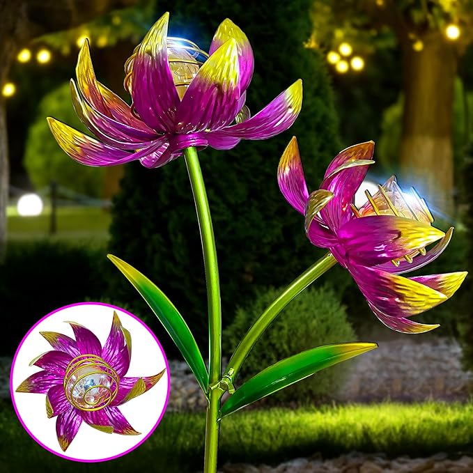 63 Inch Metal Wind Spinner with Lights - Twin Flower Design