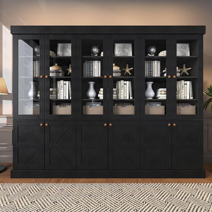 Tall Farmhouse Bookcase with Glass Doors, Set of 4 – Black