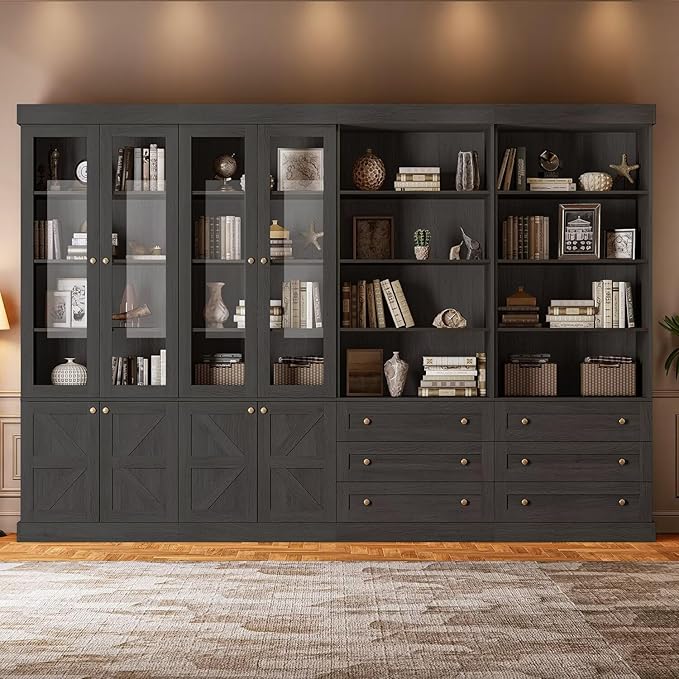 Tall Farmhouse Bookshelves with Glass Doors and Drawers, 2 Styles, Set of 4 – 2 of Each, Black