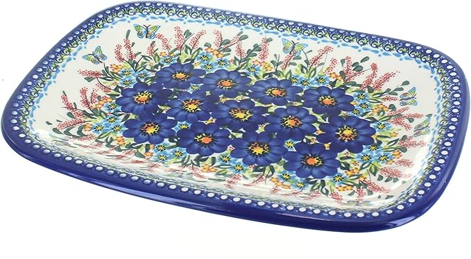 Blue Rose Polish Pottery Large Rectangular Serving Platter - Garden of Blue