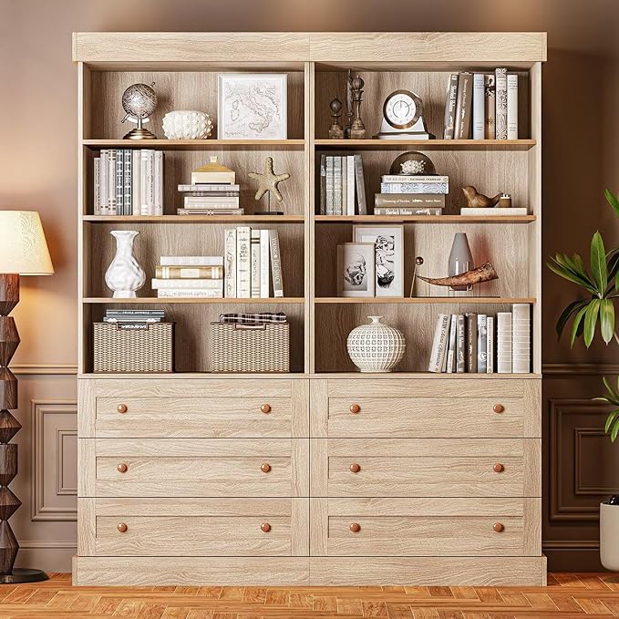 Tall Farmhouse Bookcase with Drawers, Set of 4 – Natural