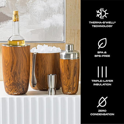 S’well Stainless Steel Ice Bucket with Tongs - 68oz Capacity, Teakwood Finish