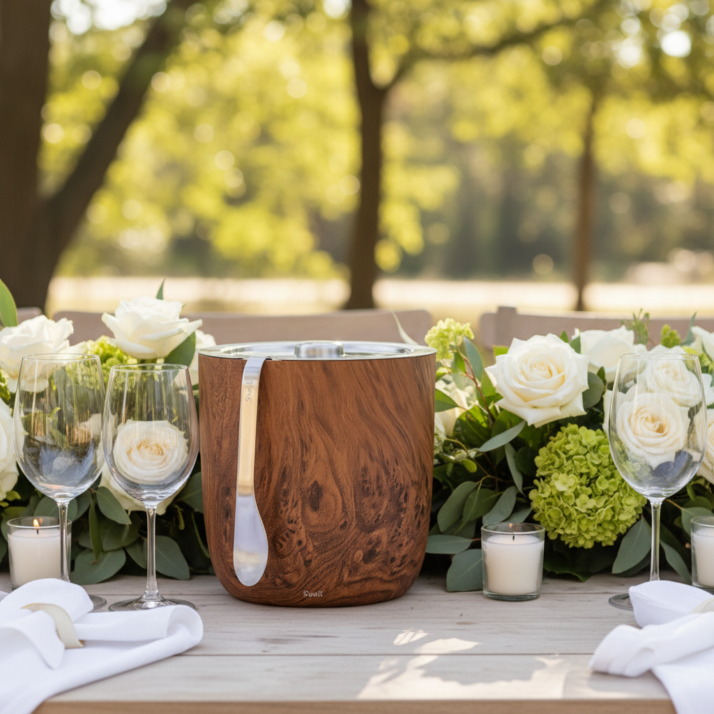 S’well Stainless Steel Ice Bucket with Tongs - 68oz Capacity, Teakwood Finish