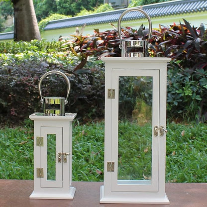 Set of 2 Wood Hurricane Candle Lanterns in White