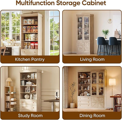 Farmhouse Bookcases with Glass Doors and Drawers, 2 Styles, Set of 4 – 2 of Each, Natural
