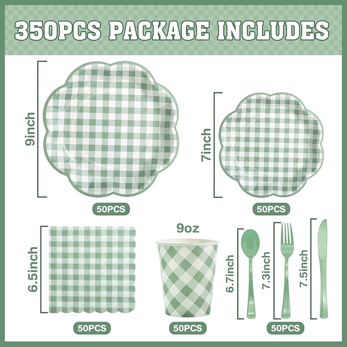 350 Piece Sage Green Gingham Paper Plates and Napkins Party Supplies for 50 Guests