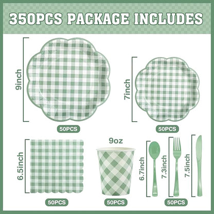 350 Piece Sage Green Gingham Paper Plates and Napkins Party Supplies for 50 Guests