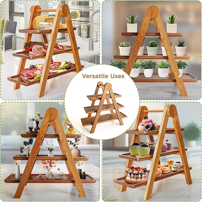 3 Tier Wooden Serving Tray with Tongs