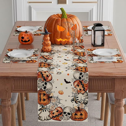 Halloween Table Runner - Skeleton Ghost Pumpkin - 13x108 Inch