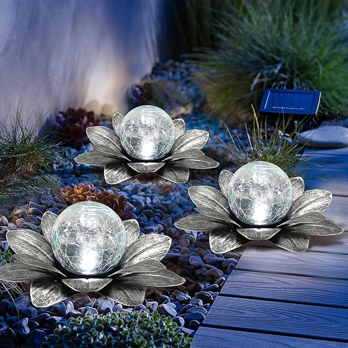 Set of 3 Silver Gray Lotus Flower Pathway Lights with Cool White Crackle Glass