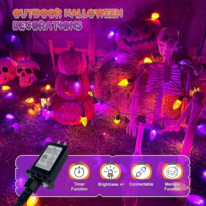 LED Purple and Orange Indoor/Outdoor Halloween Lights - 200 String Lights with 13 Modes &amp; Timer, Waterproof