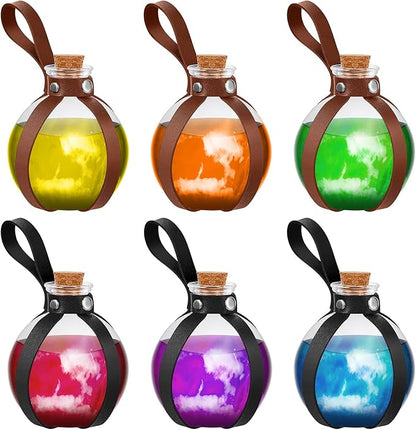 Set of 6 Medieval-Style Glass Potion Bottles with Faux Leather Strap - 8.5 oz