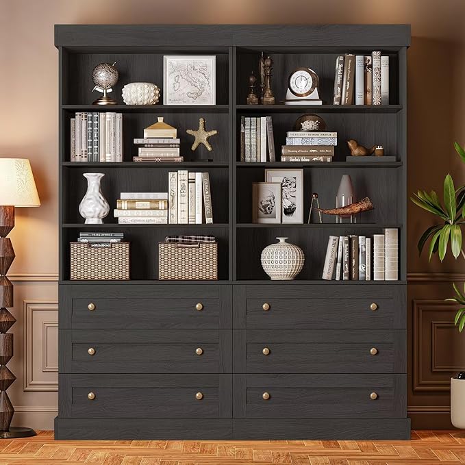 Set of 2 Farmhouse Bookcases with Drawers, Set of 2 – Black