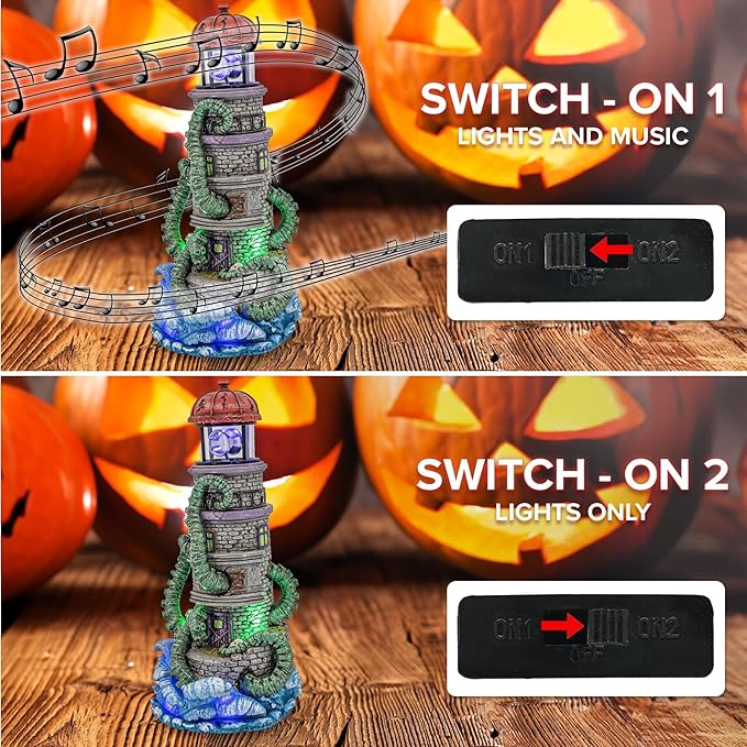 Kraken Theme Spooky Halloween Village Lighthouse w/ Animated Rotating Food Light and Music - 6" x 5.5" x 12"