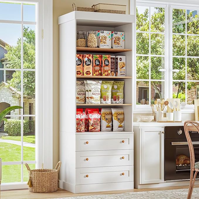 Tall Farmhouse Bookshelves with Drawers, Set of 3 – White