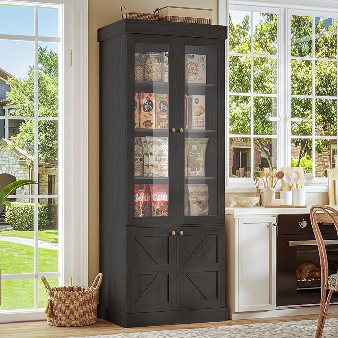 Tall Farmhouse Bookshelves with Glass Doors and Drawers, 2 Styles, Set of 4 – 2 of Each, Black