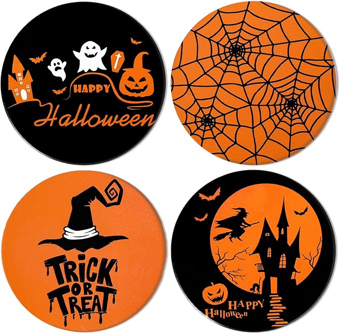 Set of 4 Orange/Black Halloween Ceramic Coasters