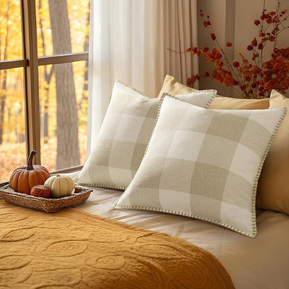 Set of 2 Buffalo Check Pillow Covers - 16x16 - Beige