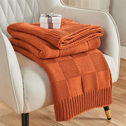 Rust/Orange Checkered Knit Throw Blanket - 50 X 60 inch