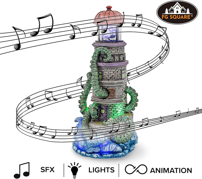 Kraken Theme Spooky Halloween Village Lighthouse w/ Animated Rotating Food Light and Music - 6" x 5.5" x 12"
