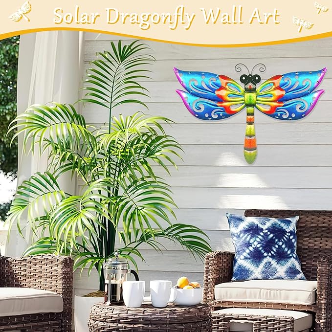 Solar Dragonfly Wall Art - 12 inch with Color Changing LED Lights