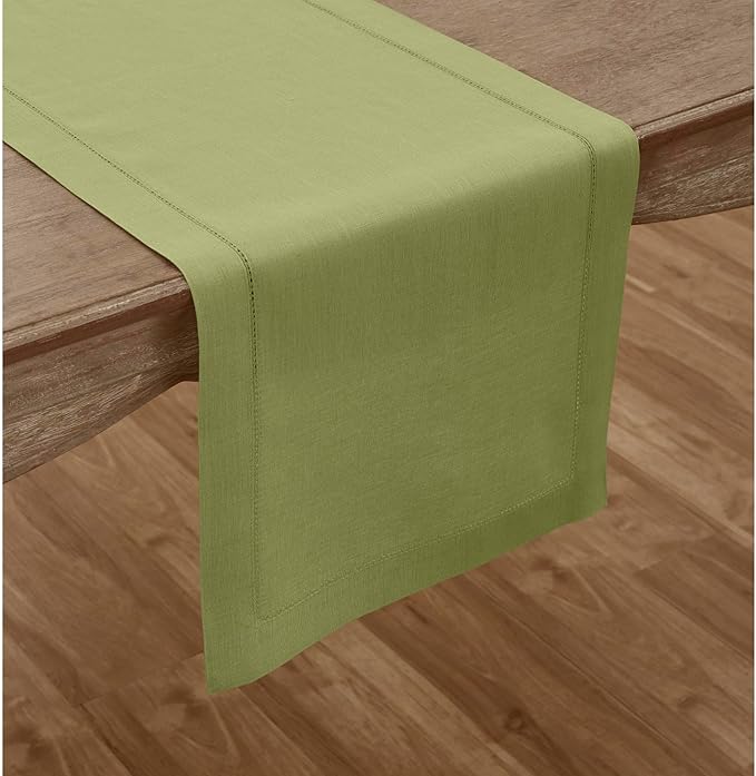 100% Pure Linen Hemstitch Table Runner 14 x 72 Inch - Moss Green