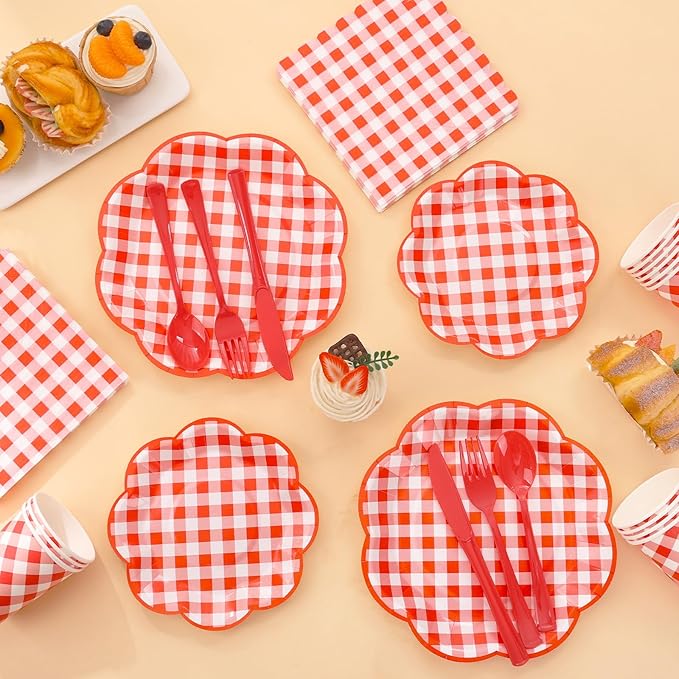 175 Pcs Red Gingham Plates and Napkins Party Supplies - Serve 25 Guests