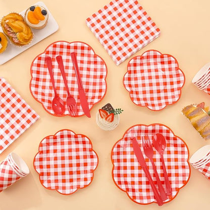 175 Pcs Red Gingham Plates and Napkins Party Supplies - Serve 25 Guests