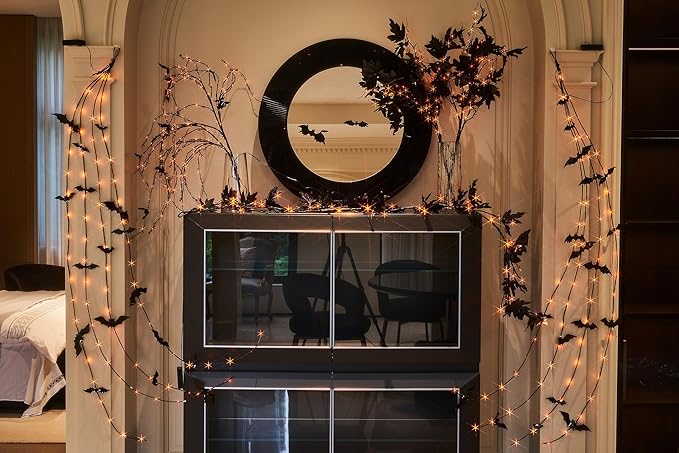 Halloween Black Maple Garland with Lights &amp; Timer