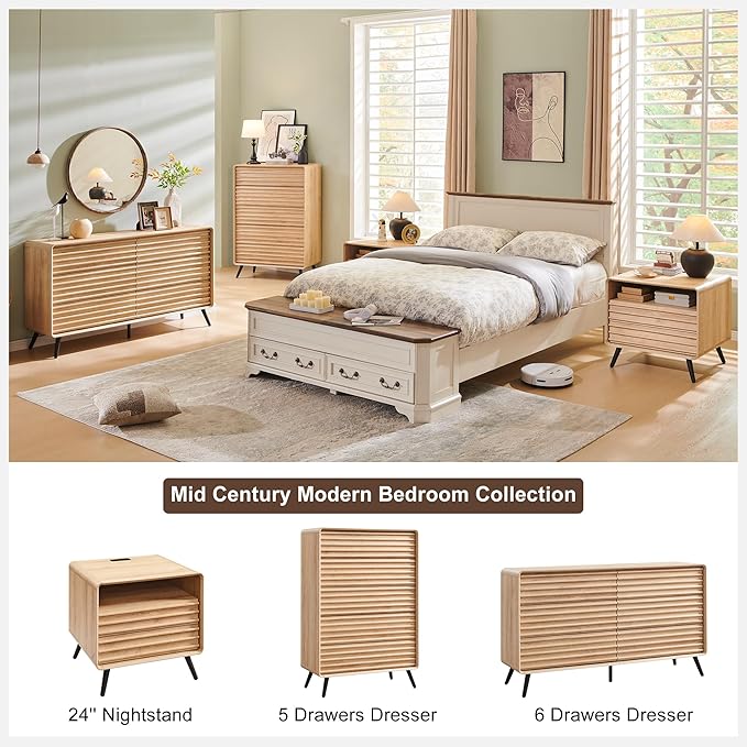 Set of 2 Mid Century Modern Fluted Nightstands in Natural Oak