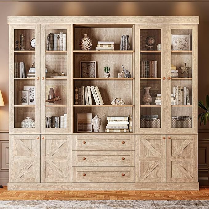 Tall Farmhouse Bookshelves with Glass Doors and Drawers, Set of 3 – Natural