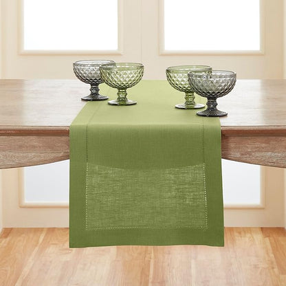100% Pure Linen Hemstitch 14 x 90 Inch Table Runner - Spring green