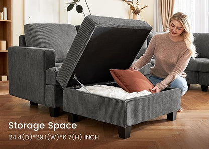 Nolany Sectional Sofa with Storage Ottoman in Gray Corduroy