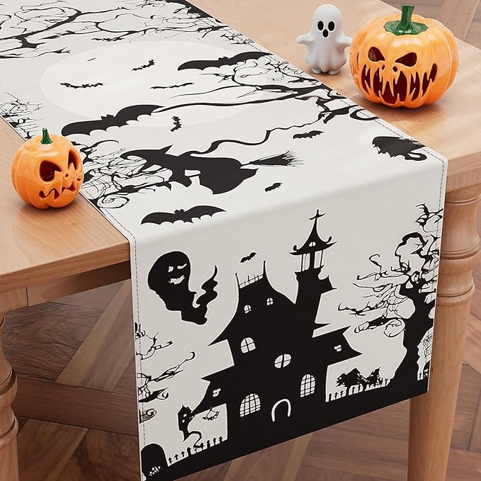 72 Inch Spooky Haunted House Table Runner for Halloween