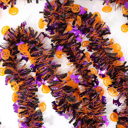50 Ft Halloween Tinsel Garland - Pumpkins &amp; Bats, Orange/Purple/Black