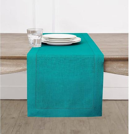 100% Pure Linen Hemstitch Table Runner 14 x 72 Inch - Teal