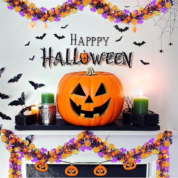 50 Ft Halloween Tinsel Garland - Pumpkins &amp; Bats, Orange/Purple/Black