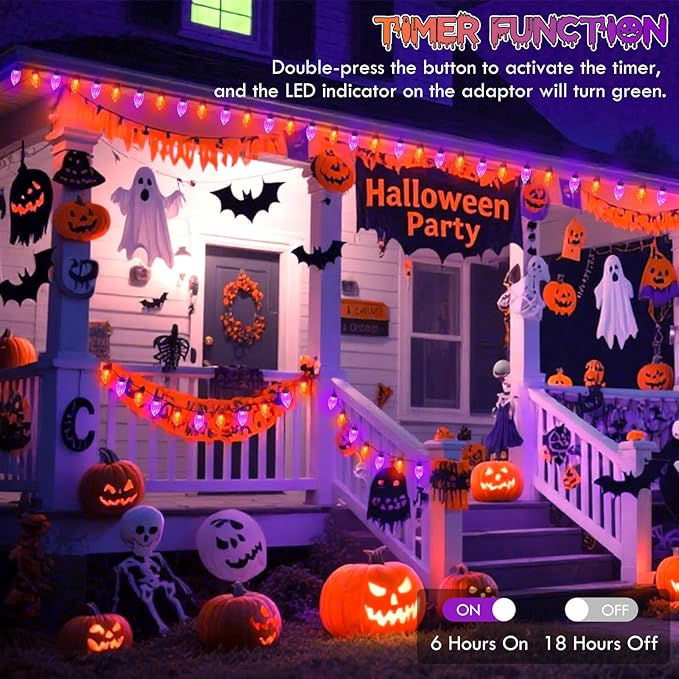 LED Purple and Orange Indoor/Outdoor Halloween Lights - 200 String Lights with 13 Modes &amp; Timer, Waterproof