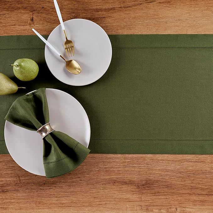 100% Pure Linen Hemstitch Table Runner - 14 x 60 Inch, Juniper