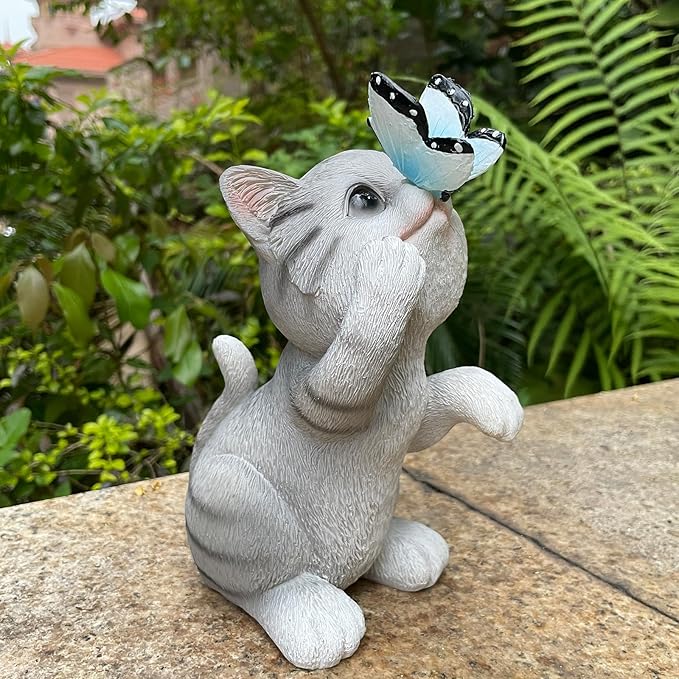 Outdoor Figurine Garden Decor - Solar Cat with Butterfly