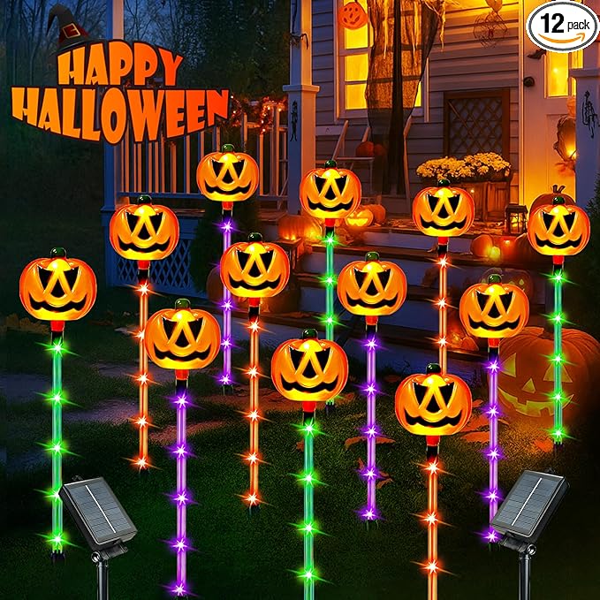 12 Pack Solar Halloween Pumpkin Lights - Orange/Purple/Green, Waterproof