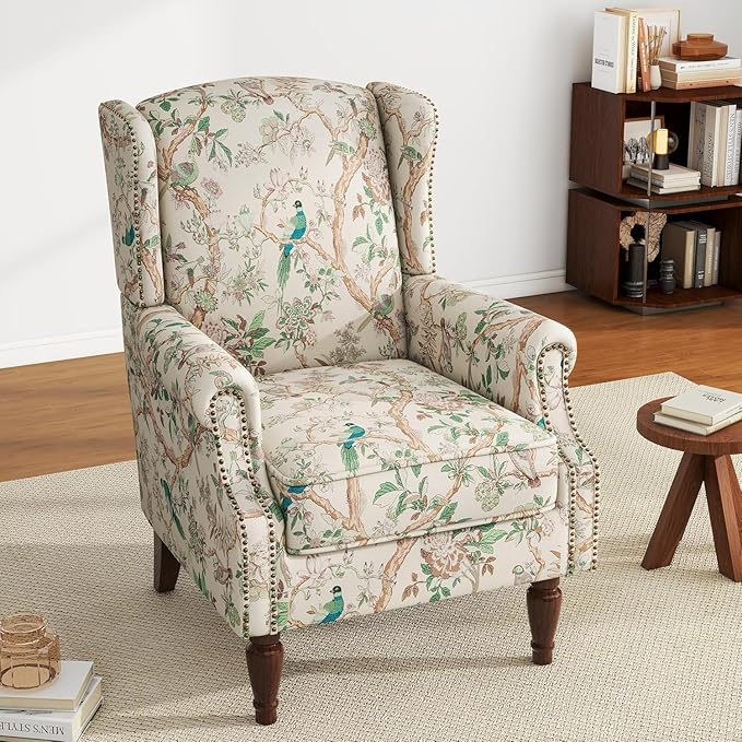Retro Printed Wingback Arm Chair - Bird Pattern