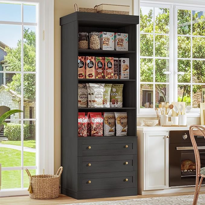 Tall Farmhouse Bookshelves with Glass Doors and Drawers, 2 Styles, Set of 4 – 2 of Each, Black