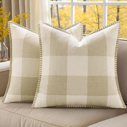 Set of 2 Buffalo Plaid Check Fall Throw Pillow Covers - 24x24, Beige