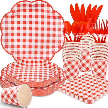 175 Pcs Red Gingham Plates and Napkins Party Supplies - Serve 25 Guests