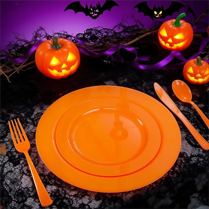 Set of 60 Heavy Duty Orange Plastic Plates Disposable for Halloween &amp; Thanksgiving Parties - Serves 30 Guests