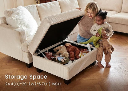 Nolany Sectional Couch with Storage Ottoman in Beige Corduroy