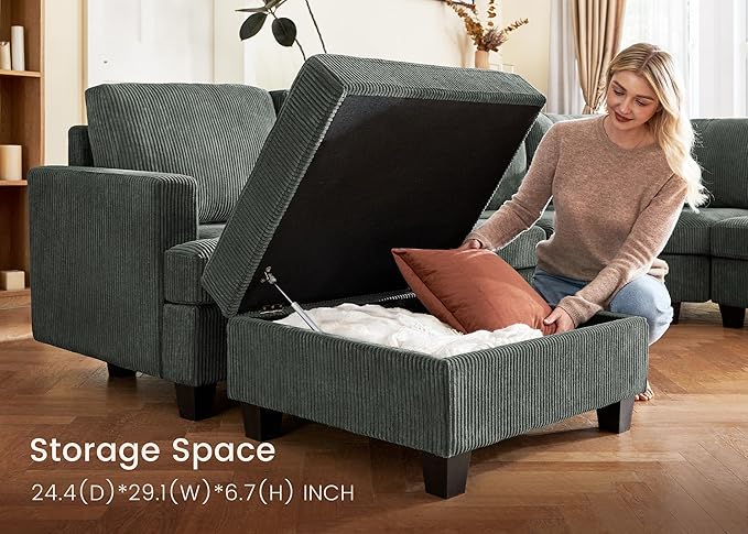 Nolany Sectional Sofa with Storage Ottoman in Green Corduroy