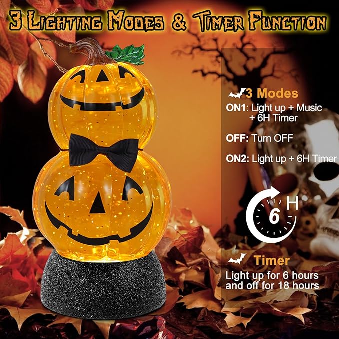 Stacked Halloween Pumpkin Musical Snow Globe w/ Timer