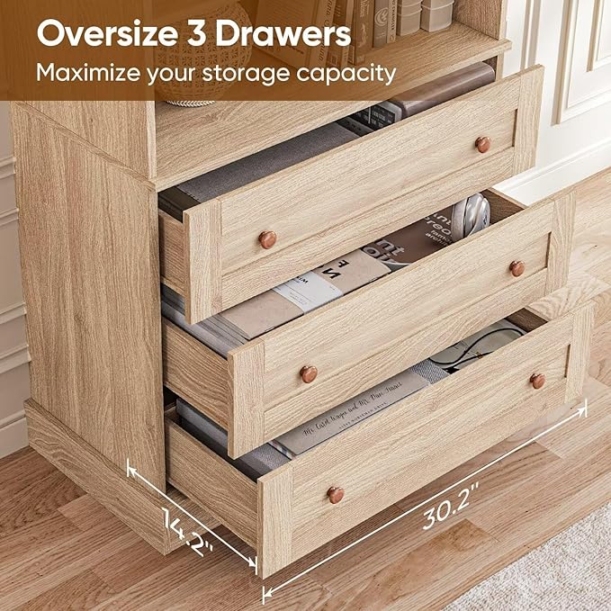 Tall Farmhouse Bookcase with Drawers, Set of 4 – Natural